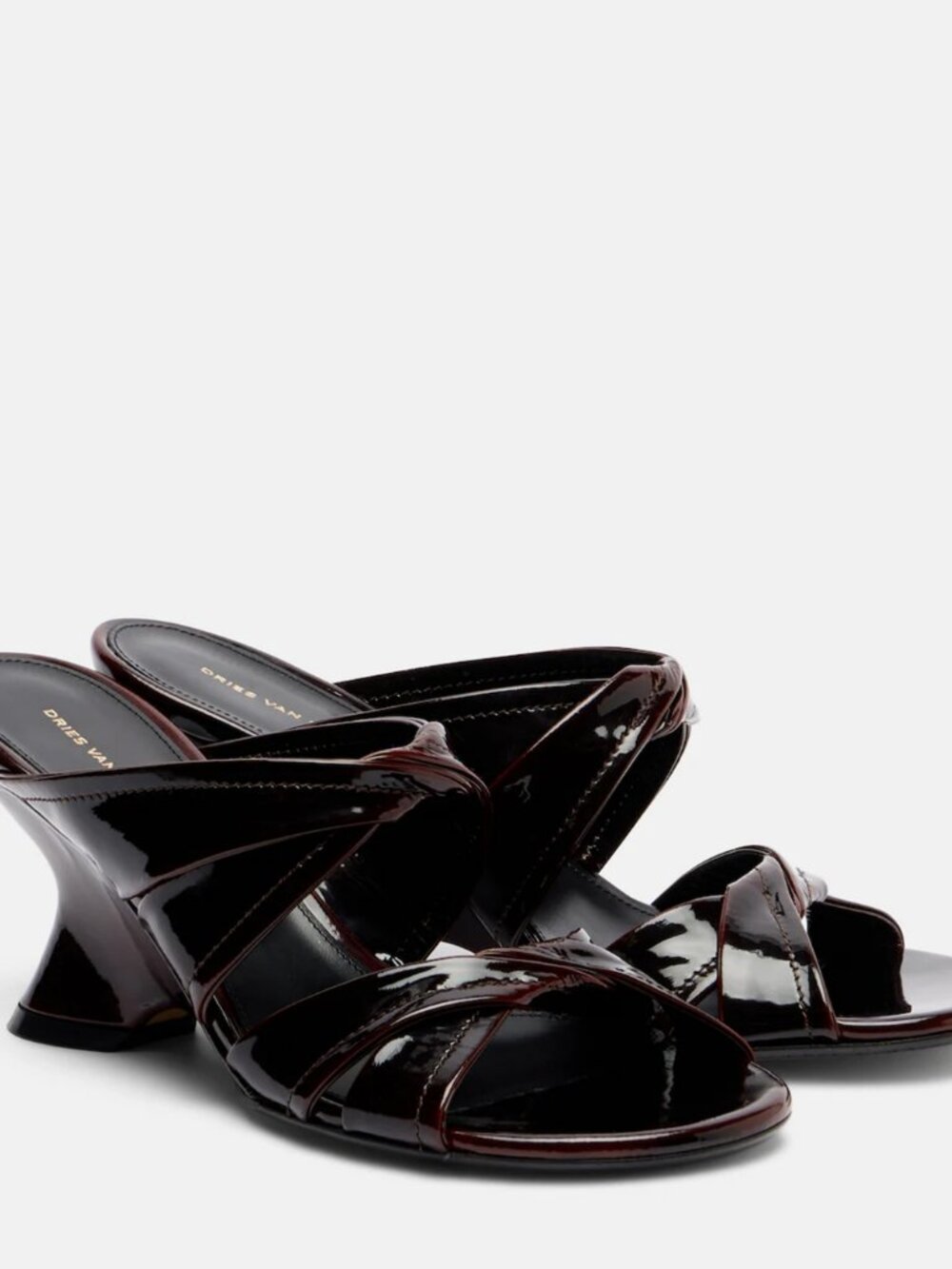 NWB Dries Van Noten Patent Leather Wedge Mules Sandals Dark Brown 41